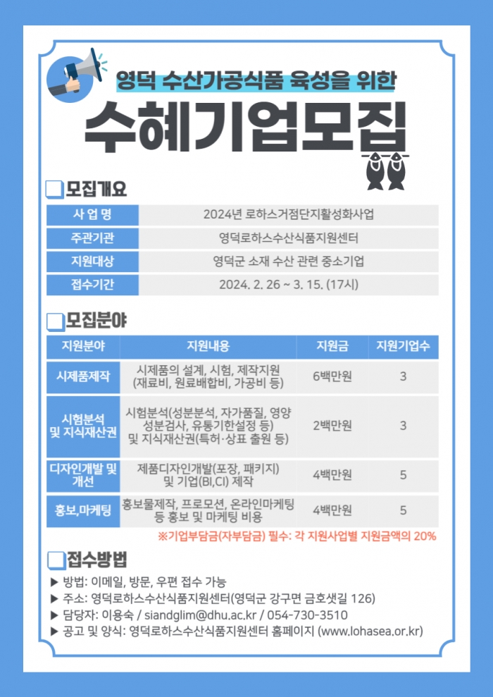 영덕로하스수산식품 거점단지활성화사업 기업지원 수혜기업 모집